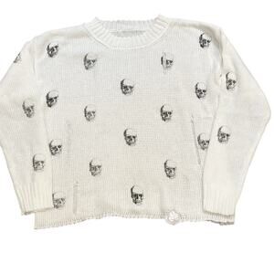 Skull Printed Distressed Bright Snow White Relaxed Crewneck Sweater Large NEW